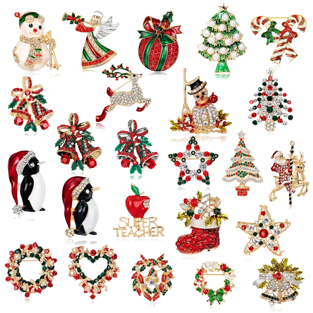 Christmas New Year Brooch, Sparkling Rhinestone Santa Claus, Elk Penguin, Snowman Boots, Bell Wreath Pin Jewelry Gift