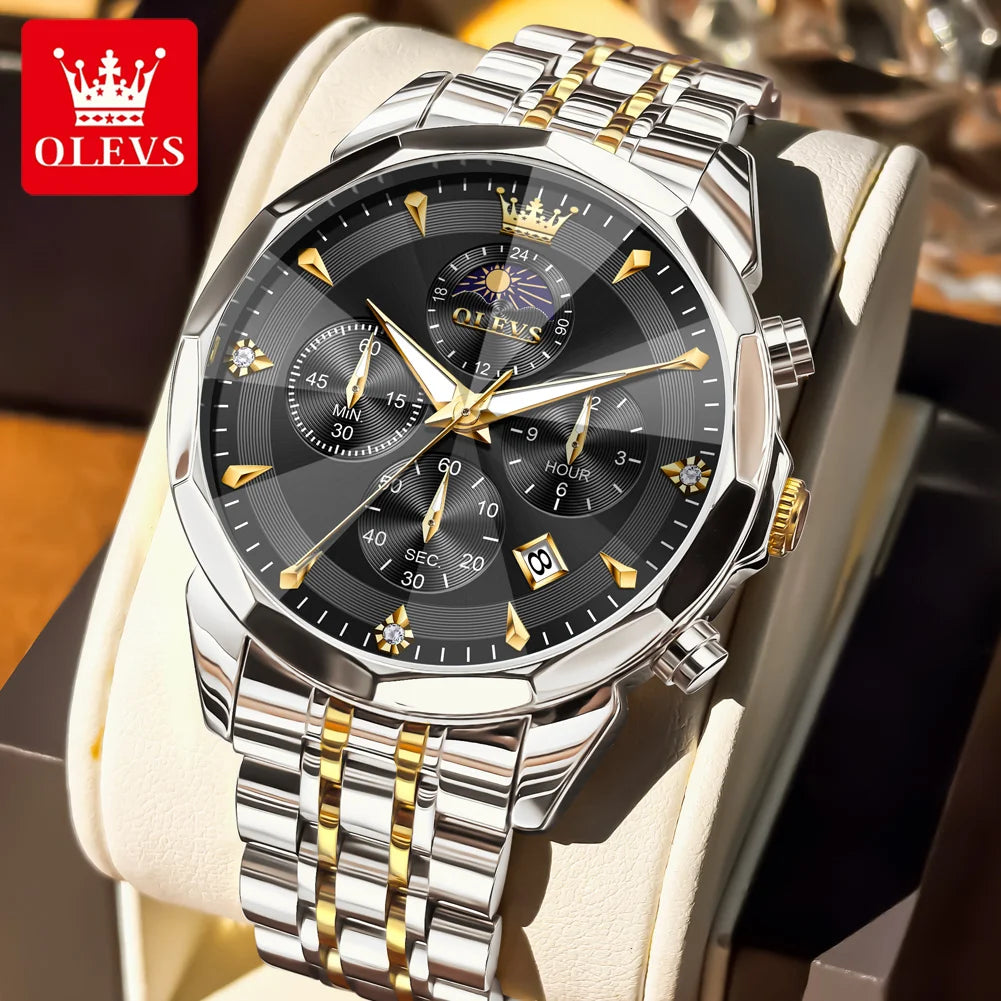 OLEVS Moon Phase Men's Waterproof Chronograph Quartz Watch Stainless steel Calendar Brand Wristwatch