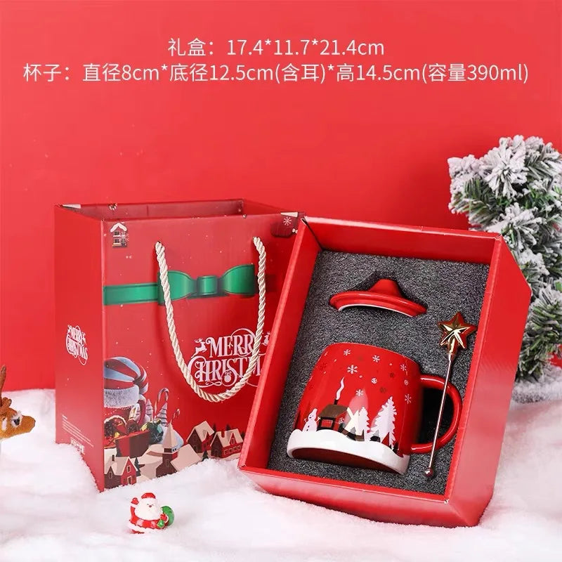 Christmas Coffee Mug with Lid and Stirrer, Ceramic Coffee Cups, Cute Water Cups, Summer Winter Drinkware, Christmas Gifts