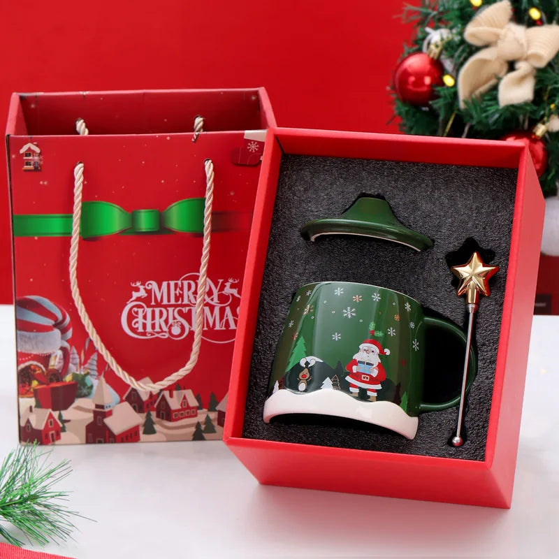 Christmas Coffee Mug with Lid and Stirrer, Ceramic Coffee Cups, Cute Water Cups, Summer Winter Drinkware, Christmas Gifts