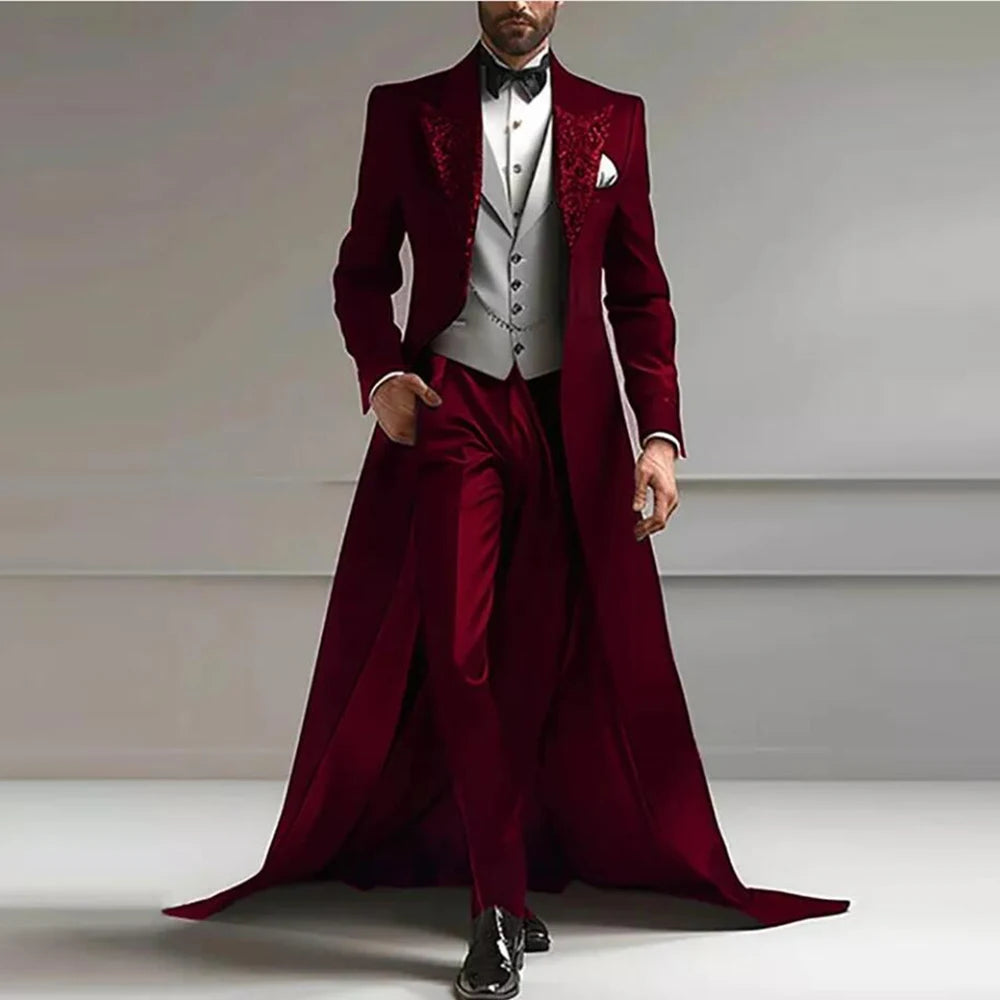 Luxury Suits Me 3 Pieces Sets Sparkly Sequins Lapel Prom Tuxedos With Long Train Customized Man Banquet Party Dress