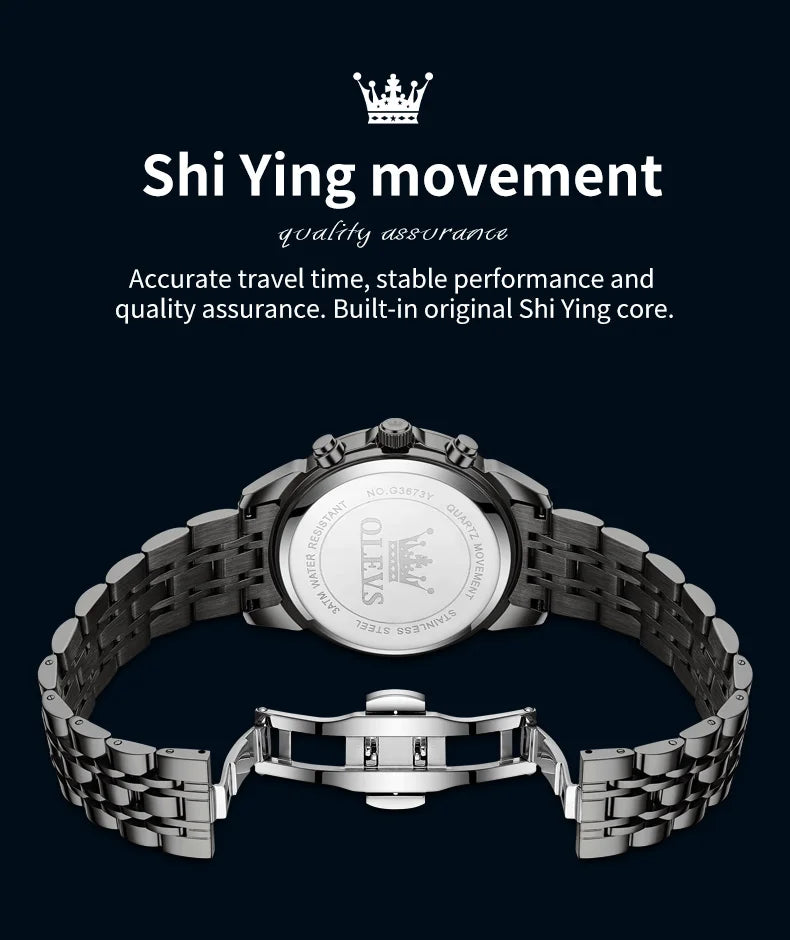 OLEVS Moon Phase Men's Waterproof Chronograph Quartz Watch Stainless steel Calendar Brand Wristwatch