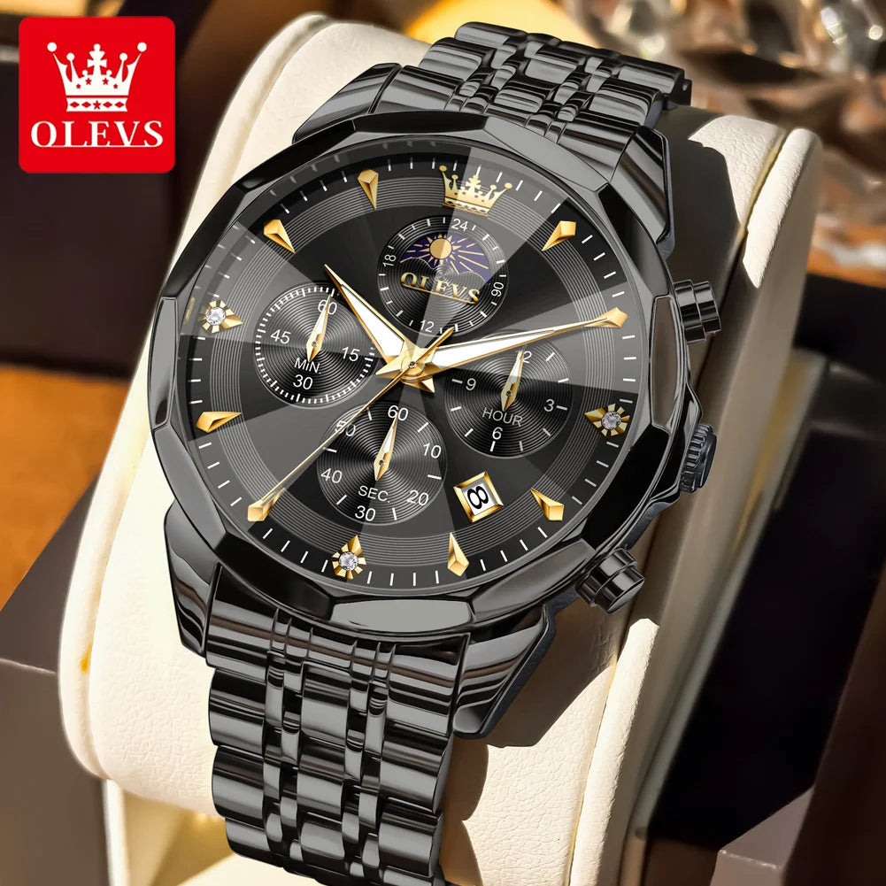 OLEVS Moon Phase Men's Waterproof Chronograph Quartz Watch Stainless steel Calendar Brand Wristwatch