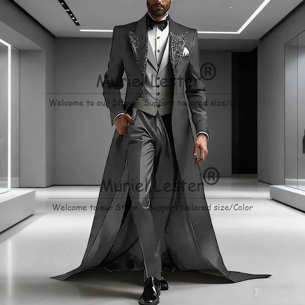 Luxury Suits Me 3 Pieces Sets Sparkly Sequins Lapel Prom Tuxedos With Long Train Customized Man Banquet Party Dress