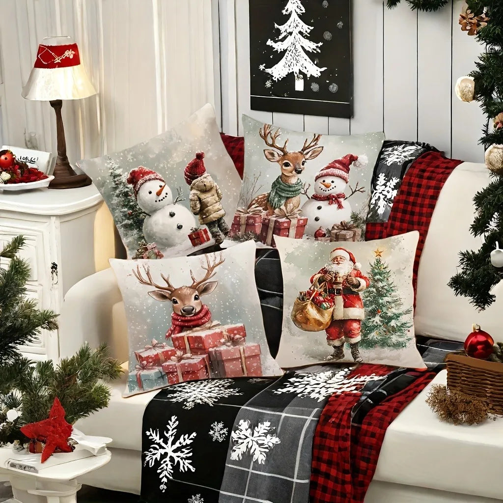 Home Decoration: Christmas: Deer, Santa Claus And Snowman Cushion Covers For Sofa, Bedroom, Car, Pillow Covers