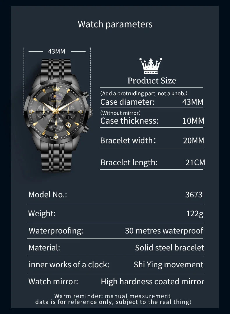 OLEVS Moon Phase Men's Waterproof Chronograph Quartz Watch Stainless steel Calendar Brand Wristwatch