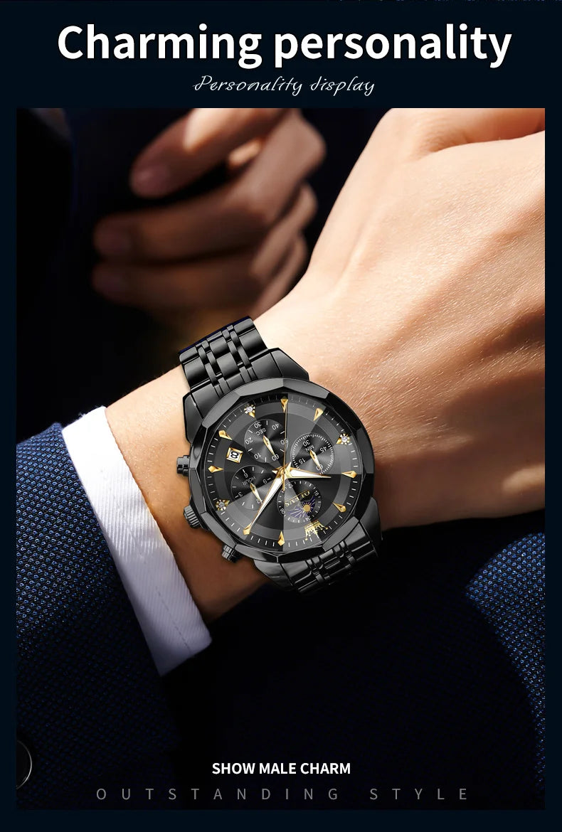 OLEVS Moon Phase Men's Waterproof Chronograph Quartz Watch Stainless steel Calendar Brand Wristwatch