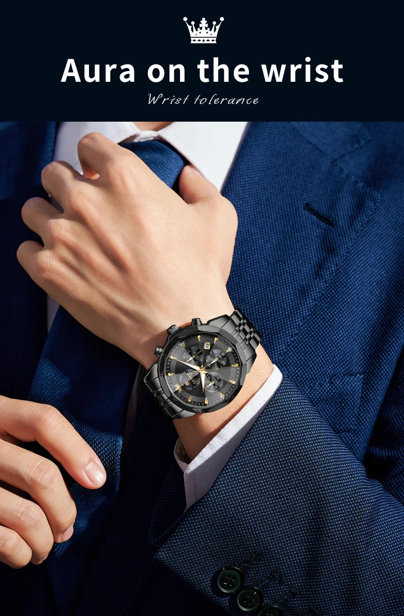 OLEVS Moon Phase Men's Waterproof Chronograph Quartz Watch Stainless steel Calendar Brand Wristwatch