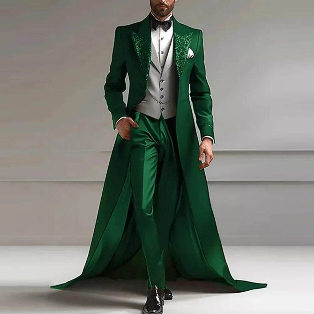 Luxury Suits Me 3 Pieces Sets Sparkly Sequins Lapel Prom Tuxedos With Long Train Customized Man Banquet Party Dress