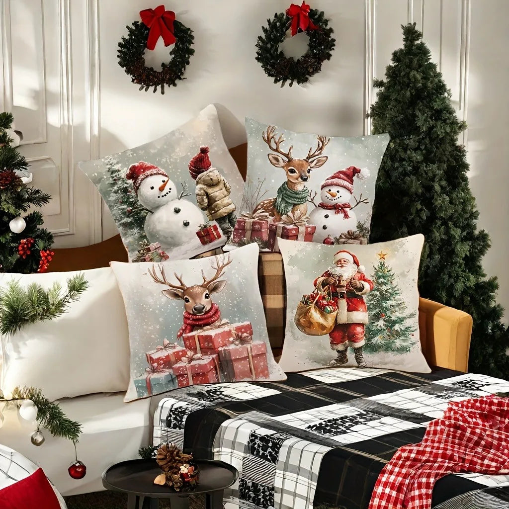 Home Decoration: Christmas: Deer, Santa Claus And Snowman Cushion Covers For Sofa, Bedroom, Car, Pillow Covers
