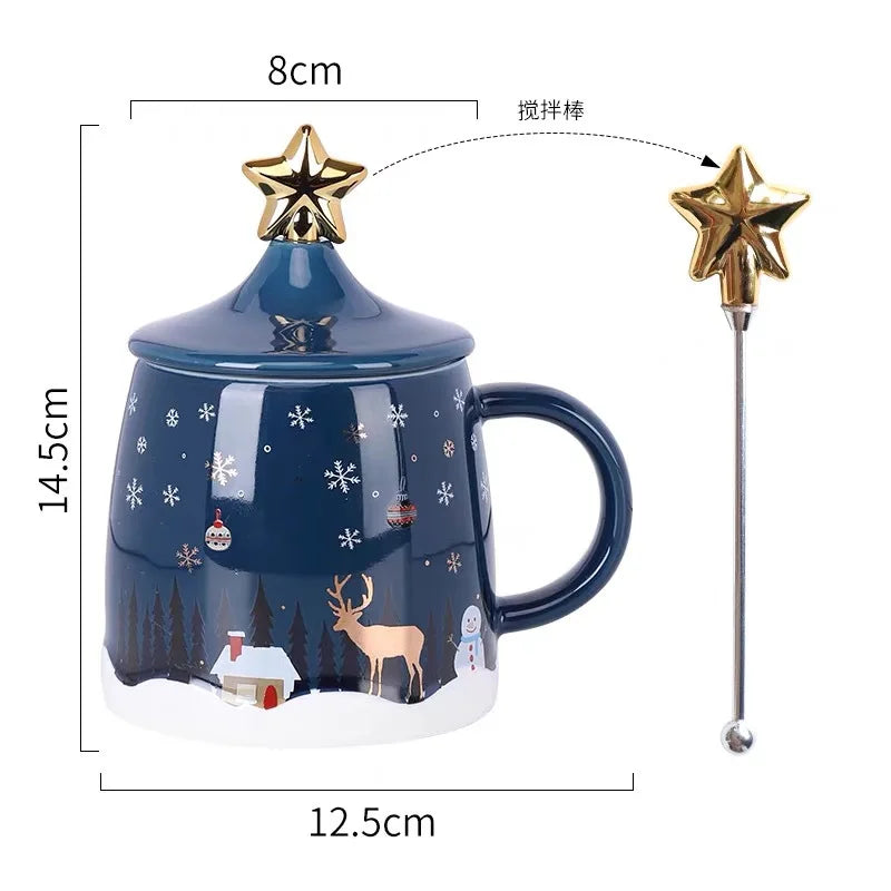 Christmas Coffee Mug with Lid and Stirrer, Ceramic Coffee Cups, Cute Water Cups, Summer Winter Drinkware, Christmas Gifts