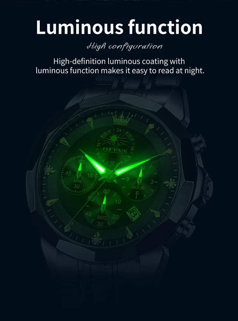 OLEVS Moon Phase Men's Waterproof Chronograph Quartz Watch Stainless steel Calendar Brand Wristwatch