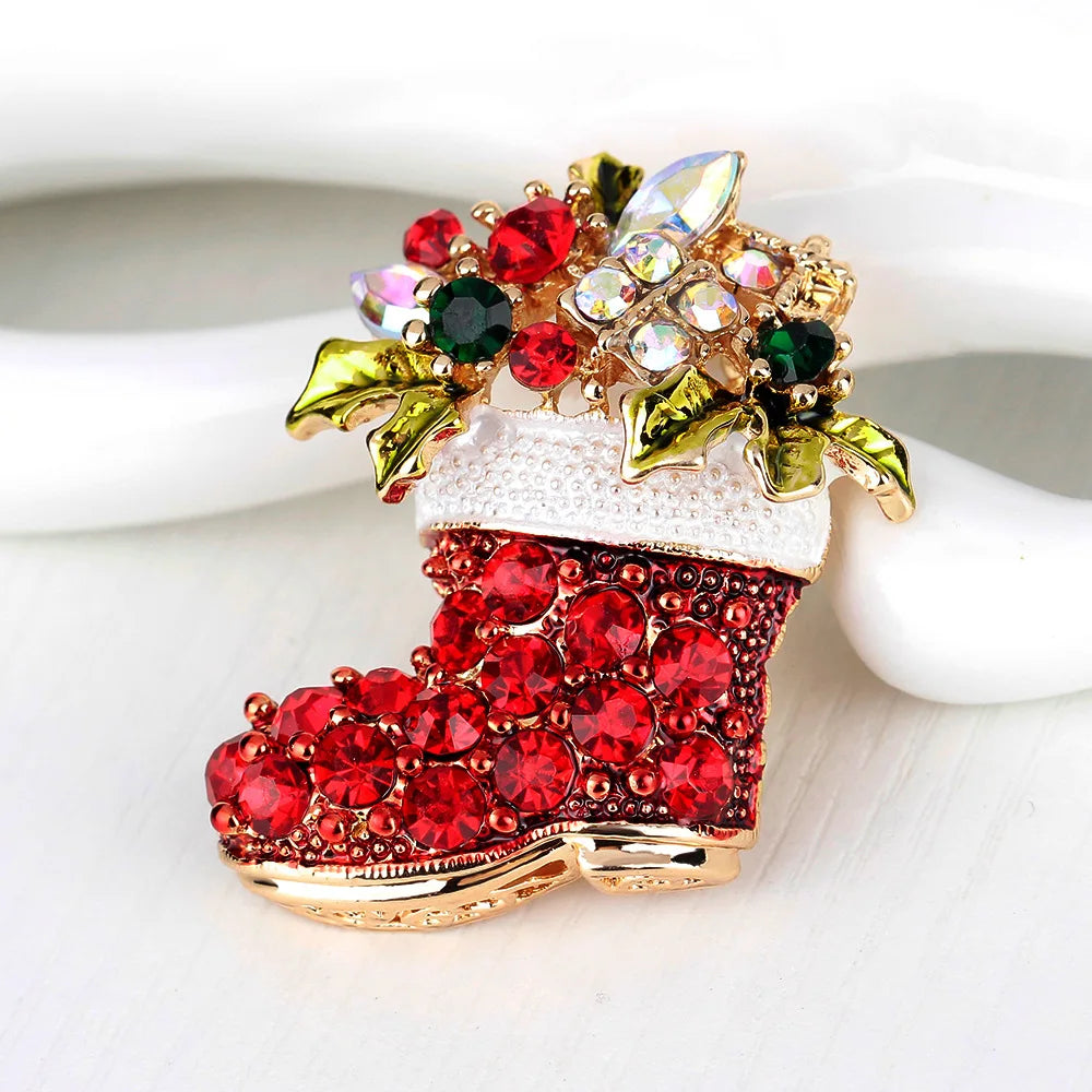 Christmas New Year Brooch, Sparkling Rhinestone Santa Claus, Elk Penguin, Snowman Boots, Bell Wreath Pin Jewelry Gift