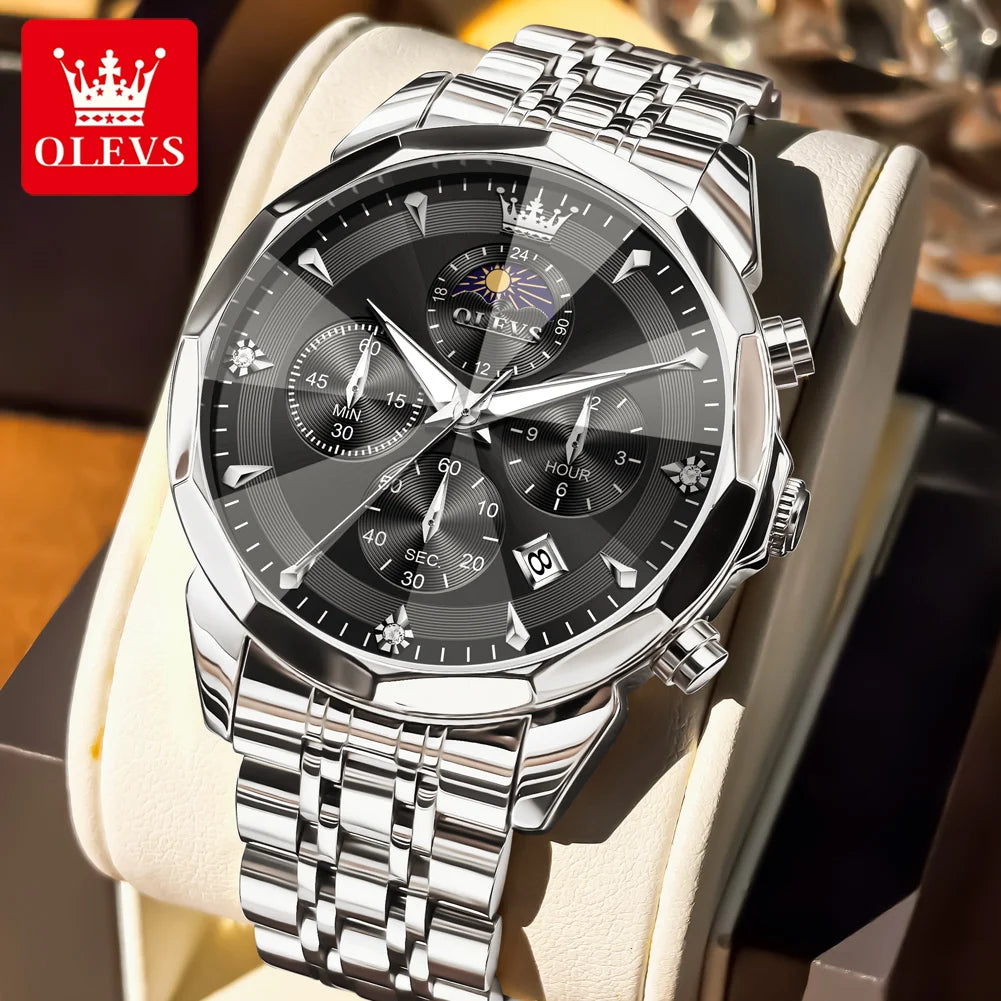 OLEVS Moon Phase Men's Waterproof Chronograph Quartz Watch Stainless steel Calendar Brand Wristwatch