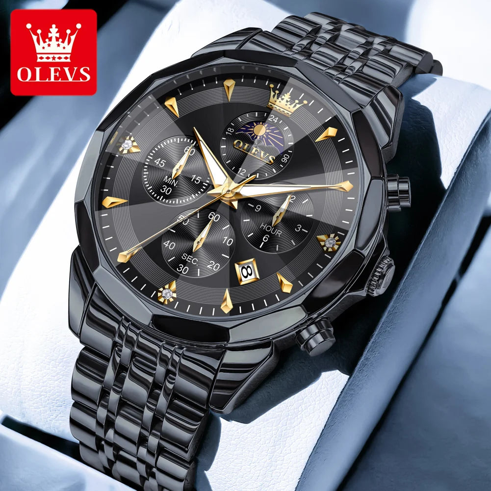 OLEVS Moon Phase Men's Waterproof Chronograph Quartz Watch Stainless steel Calendar Brand Wristwatch