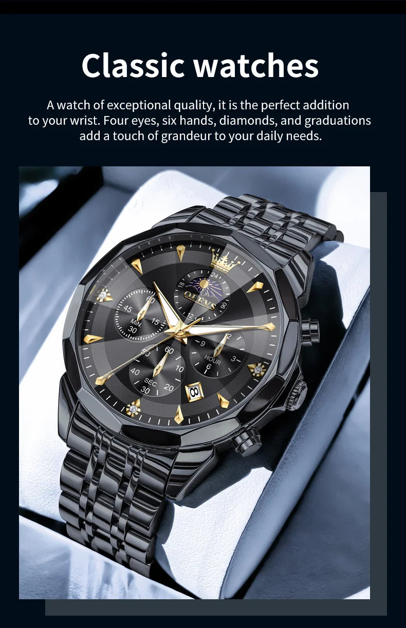 OLEVS Moon Phase Men's Waterproof Chronograph Quartz Watch Stainless steel Calendar Brand Wristwatch