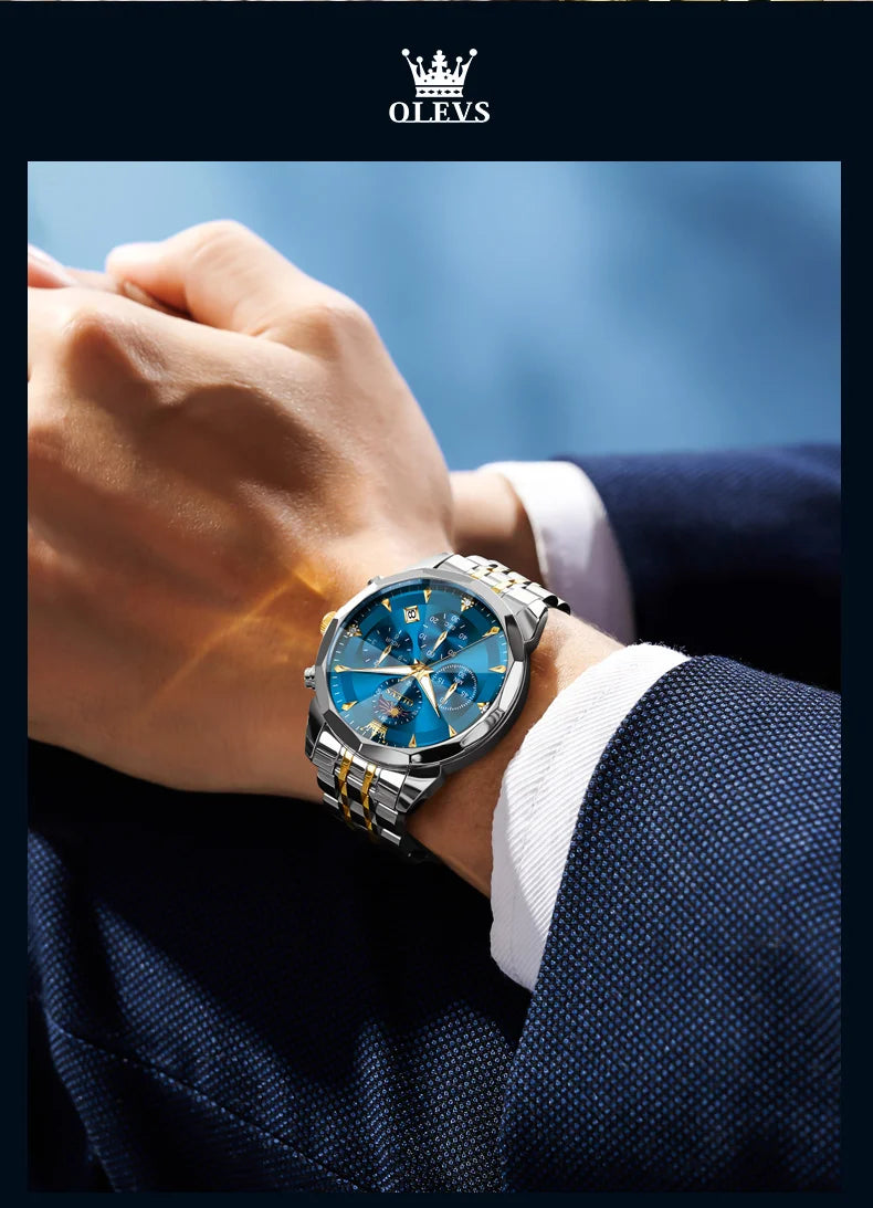 OLEVS Moon Phase Men's Waterproof Chronograph Quartz Watch Stainless steel Calendar Brand Wristwatch