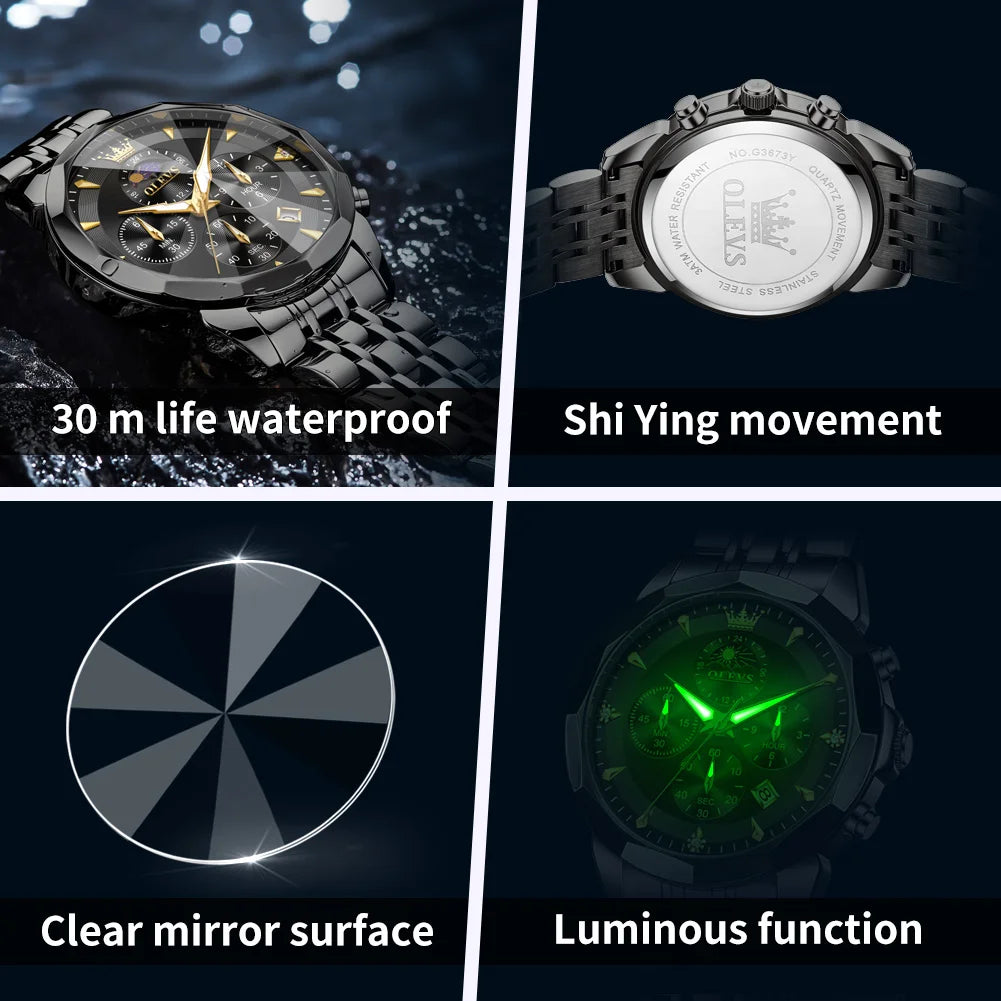 OLEVS Moon Phase Men's Waterproof Chronograph Quartz Watch Stainless steel Calendar Brand Wristwatch