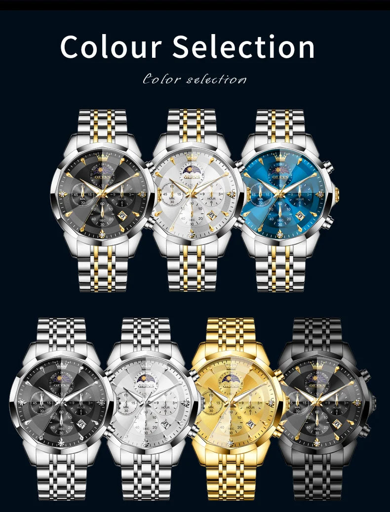 OLEVS Moon Phase Men's Waterproof Chronograph Quartz Watch Stainless steel Calendar Brand Wristwatch