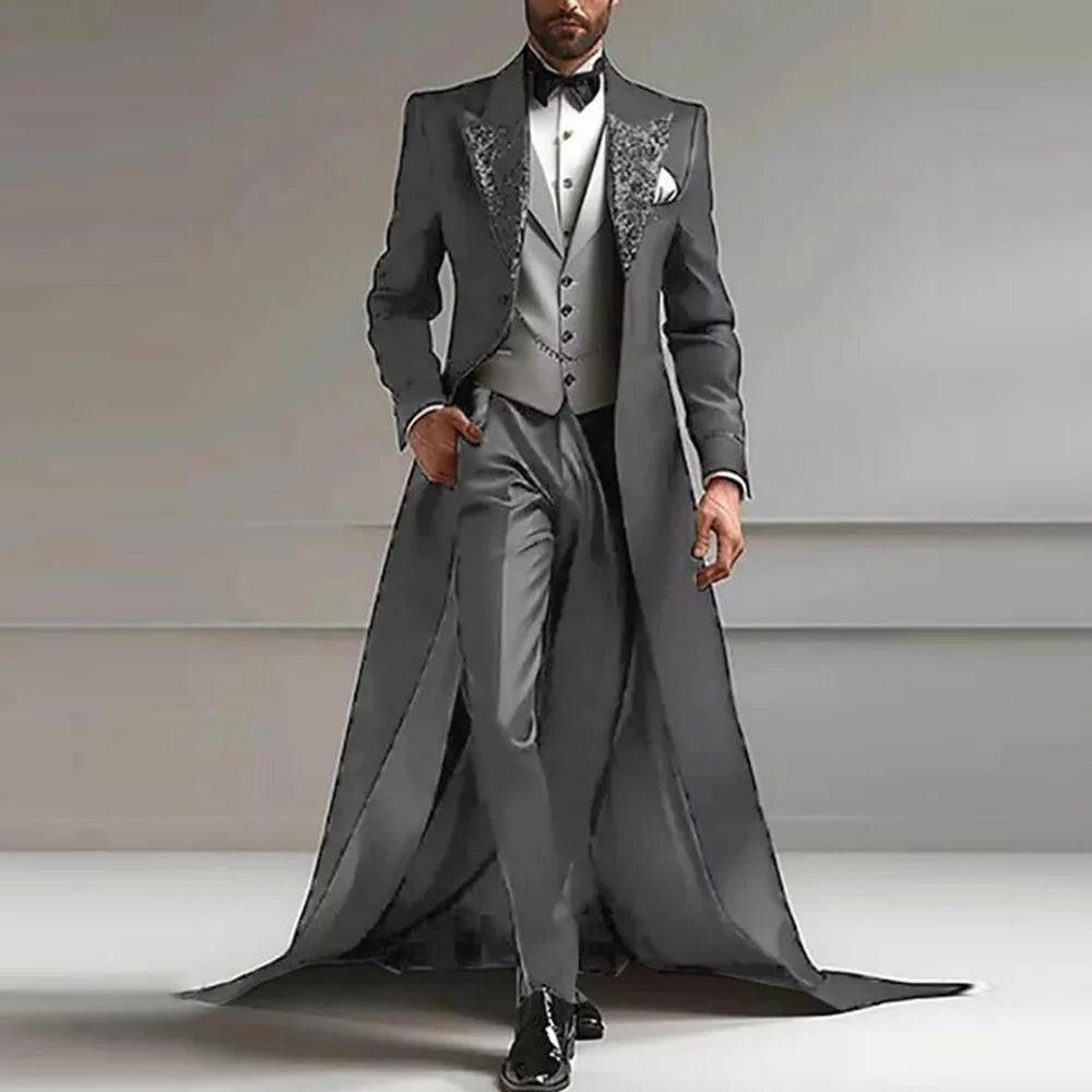 Luxury Suits Me 3 Pieces Sets Sparkly Sequins Lapel Prom Tuxedos With Long Train Customized Man Banquet Party Dress
