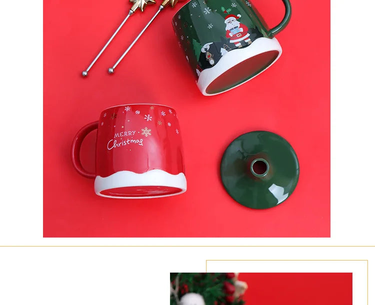 Christmas Coffee Mug with Lid and Stirrer, Ceramic Coffee Cups, Cute Water Cups, Summer Winter Drinkware, Christmas Gifts