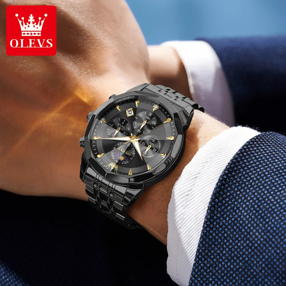 OLEVS Moon Phase Men's Waterproof Chronograph Quartz Watch Stainless steel Calendar Brand Wristwatch
