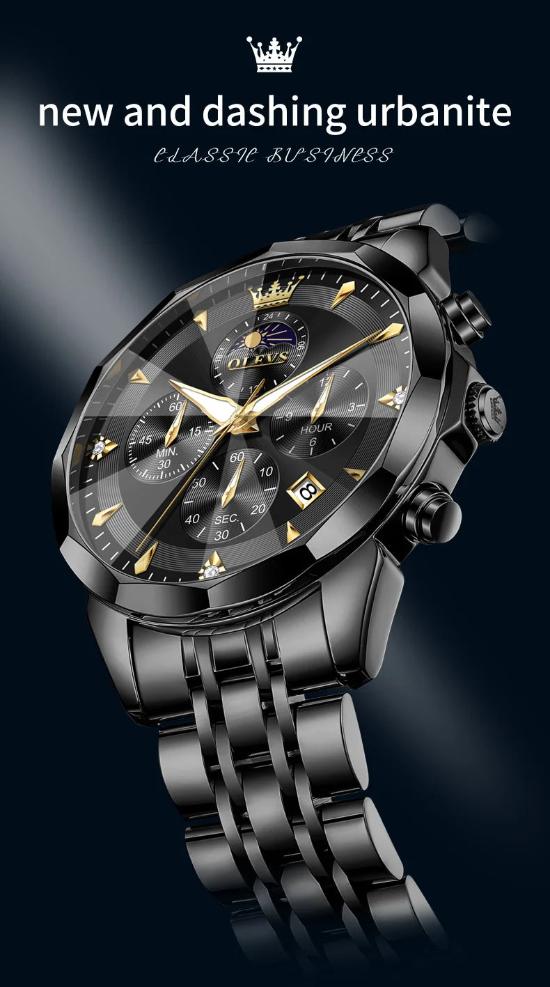 OLEVS Moon Phase Men's Waterproof Chronograph Quartz Watch Stainless steel Calendar Brand Wristwatch