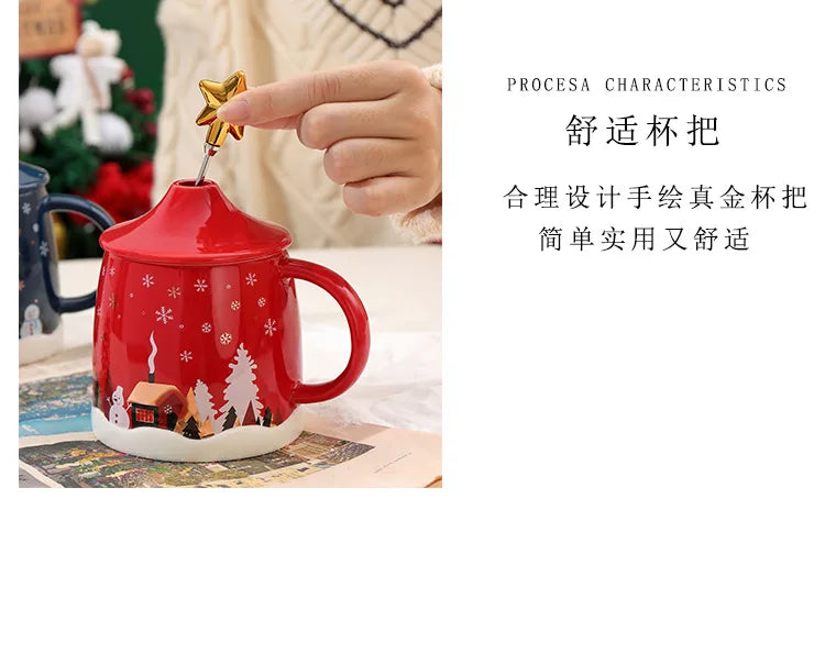 Christmas Coffee Mug with Lid and Stirrer, Ceramic Coffee Cups, Cute Water Cups, Summer Winter Drinkware, Christmas Gifts
