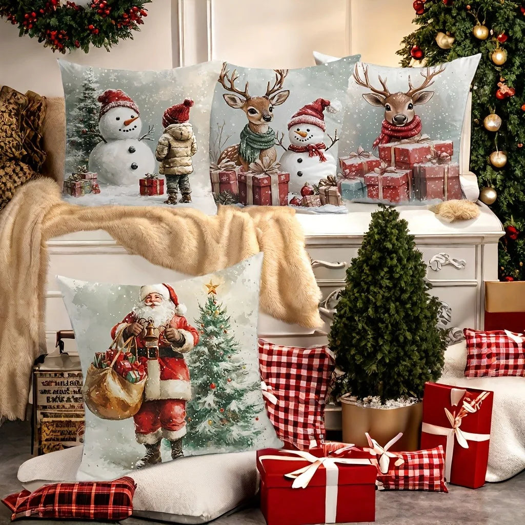 Home Decoration: Christmas: Deer, Santa Claus And Snowman Cushion Covers For Sofa, Bedroom, Car, Pillow Covers
