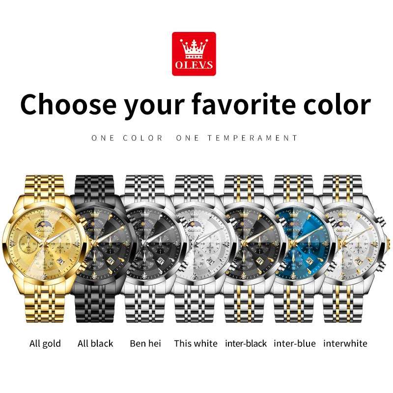 OLEVS Moon Phase Men's Waterproof Chronograph Quartz Watch Stainless steel Calendar Brand Wristwatch