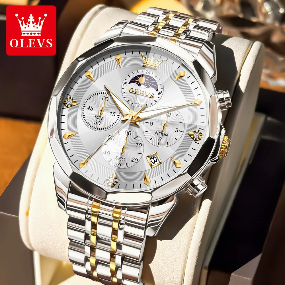 OLEVS Moon Phase Men's Waterproof Chronograph Quartz Watch Stainless steel Calendar Brand Wristwatch