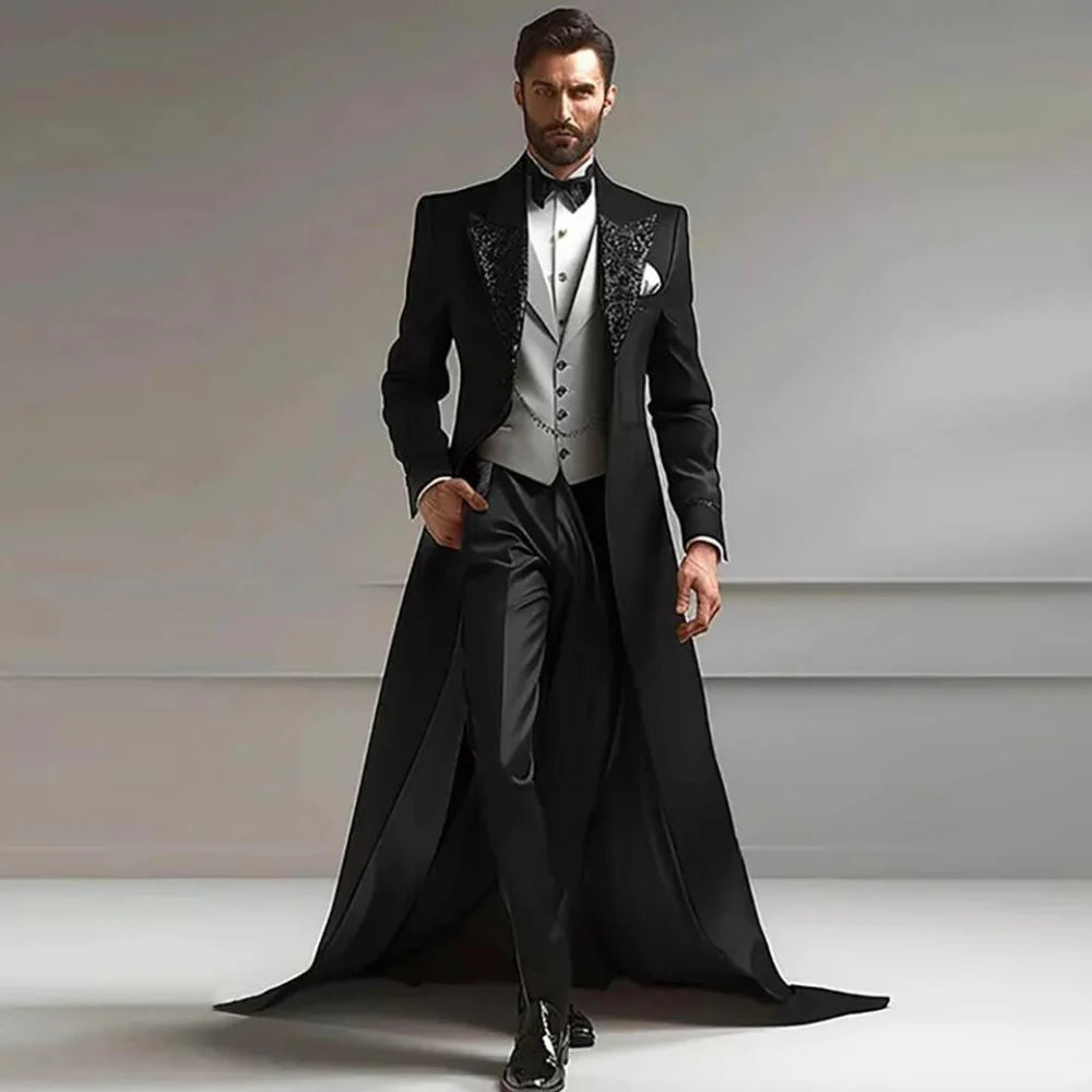Luxury Suits Me 3 Pieces Sets Sparkly Sequins Lapel Prom Tuxedos With Long Train Customized Man Banquet Party Dress