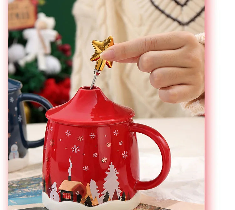 Christmas Coffee Mug with Lid and Stirrer, Ceramic Coffee Cups, Cute Water Cups, Summer Winter Drinkware, Christmas Gifts