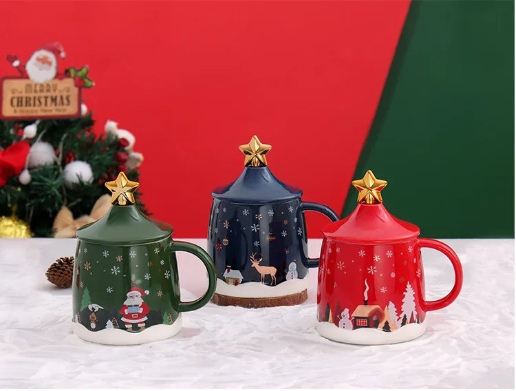 Christmas Coffee Mug with Lid and Stirrer, Ceramic Coffee Cups, Cute Water Cups, Summer Winter Drinkware, Christmas Gifts