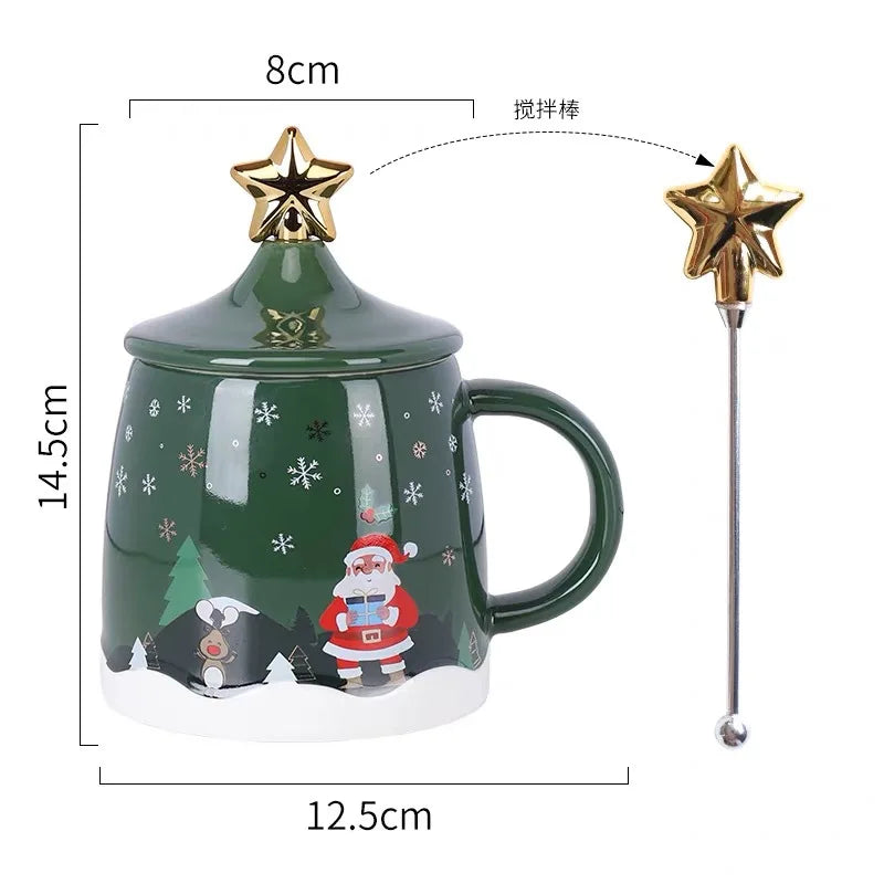 Christmas Coffee Mug with Lid and Stirrer, Ceramic Coffee Cups, Cute Water Cups, Summer Winter Drinkware, Christmas Gifts