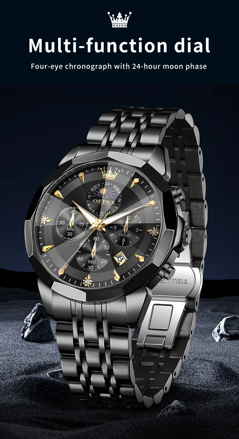 OLEVS Moon Phase Men's Waterproof Chronograph Quartz Watch Stainless steel Calendar Brand Wristwatch