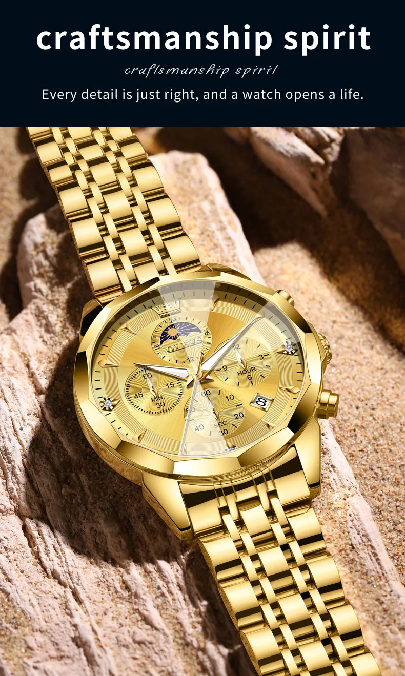 OLEVS Moon Phase Men's Waterproof Chronograph Quartz Watch Stainless steel Calendar Brand Wristwatch