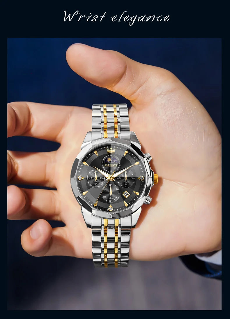 OLEVS Moon Phase Men's Waterproof Chronograph Quartz Watch Stainless steel Calendar Brand Wristwatch