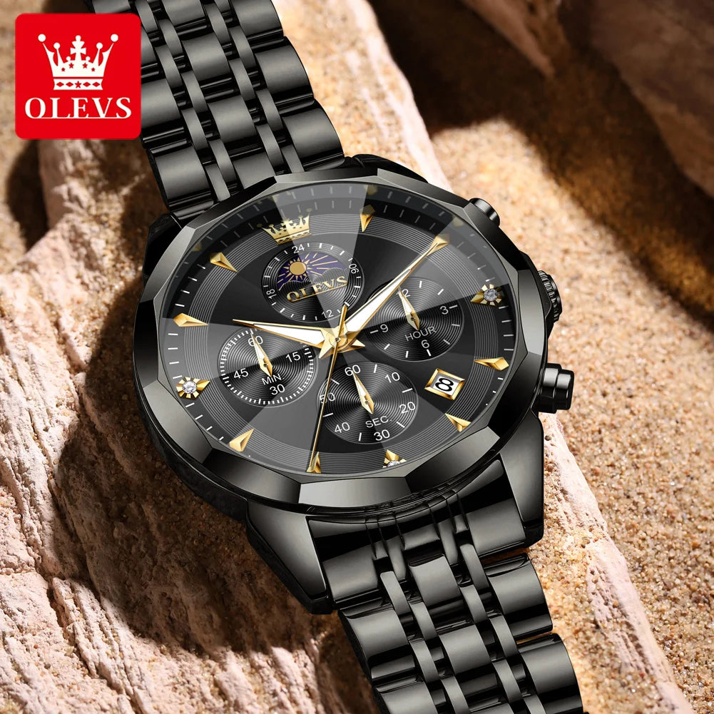 OLEVS Moon Phase Men's Waterproof Chronograph Quartz Watch Stainless steel Calendar Brand Wristwatch